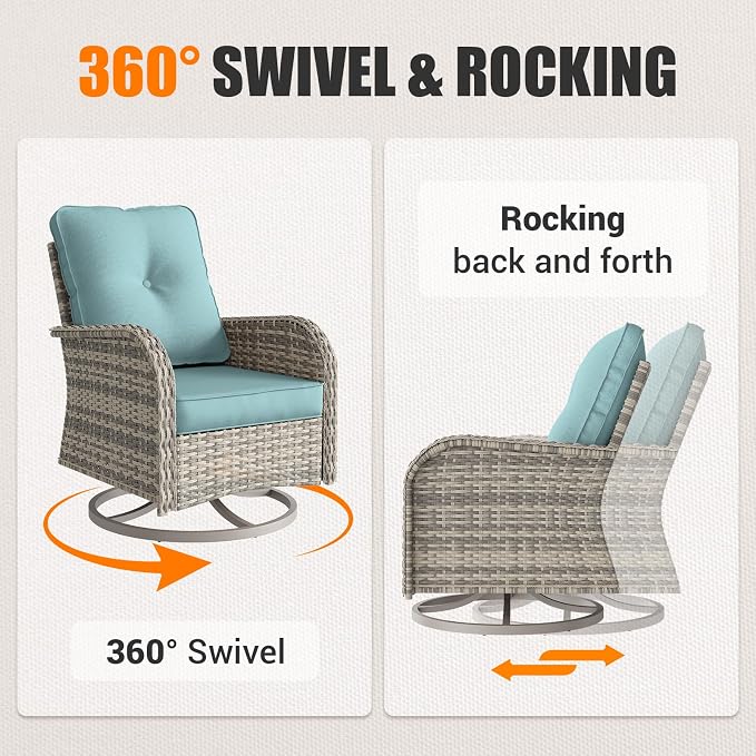 9-Piece Patio Rocking Swivel Chair Outdoor Wicker Rattan Bistro Set with Tempered Glass Side Table, Outdoor Patio Furniture Set for Garden, Deck, and Balcony, Light Blue