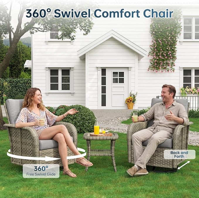 LazySunsets Luxury 9-Piece Patio Furniture Set, 360° Swivel Chairs, Wicker Rattan Sofa with Thick Cushion, Outdoor Conversation Set for Backyard, Poolside & Garden, Beige/Gray