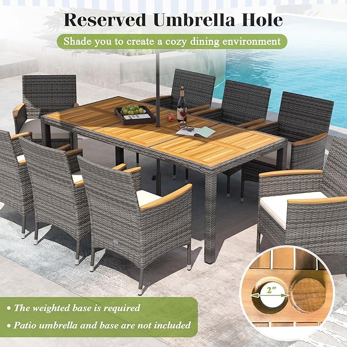 Tangkula 10 Pieces Patio Wicker Dining Set w/Double-Sided Patio Umbrella, Outdoor Acacia Wood Furniture Set w/ 8 Armchairs, 71” Dining Table & 15 ft Umbrella with Weighted Base (Coffee)