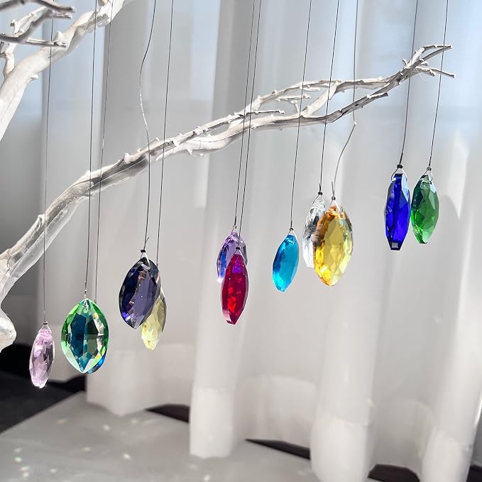 12 Pcs 38mm Multi-Color Crystal Horse Eye Prism Suncatcher Decor | Multi-Color Feng Shui Faceted Crystal Horse Eye Prism Suncatcher Pendant Set of 12 for Chandelier Window Garden Wedding Decor
