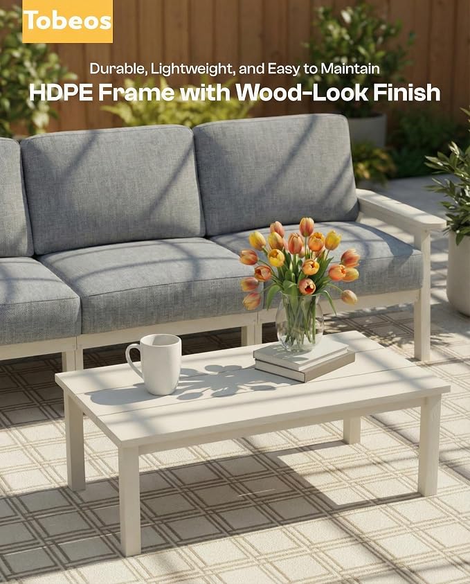 7 Piece HDPE Outdoor Furniture Set with Gray Cushions (White Frame) | All-Weather HDPE, Modular Design, Extra-Deep Seating, Thick Cushions, Ideal for Backyard, Deck & Porch