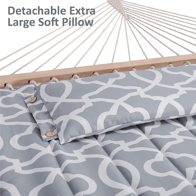 SUNCREAT Freestanding Hammocks with Stands Included, Double Quilted Hammock with Frame, 475 lbs Capacity, Gray Pattern