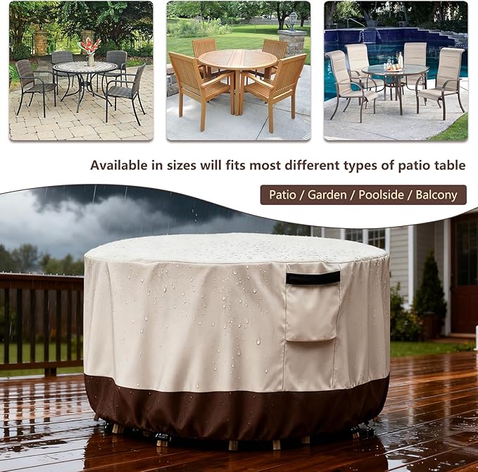 Outdoor Round Table Cover Waterproof Patio Furniture Covers,Patio Round Table Chair Set Covers - 62" Dia x 34" H (Beige & Brown)