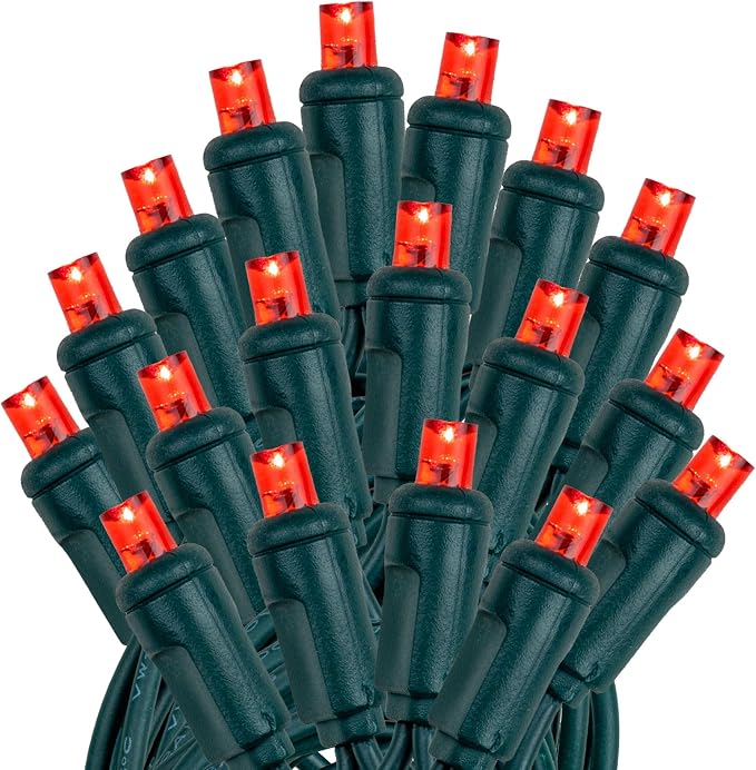 Novelty Lights 12-Pack, 50 Feet 100 LED Red Christmas Mini Light String on Green Wire, 5mm Wide Angle Bulbs, Connectable, Indoor/Outdoor Decor, UL Listed
