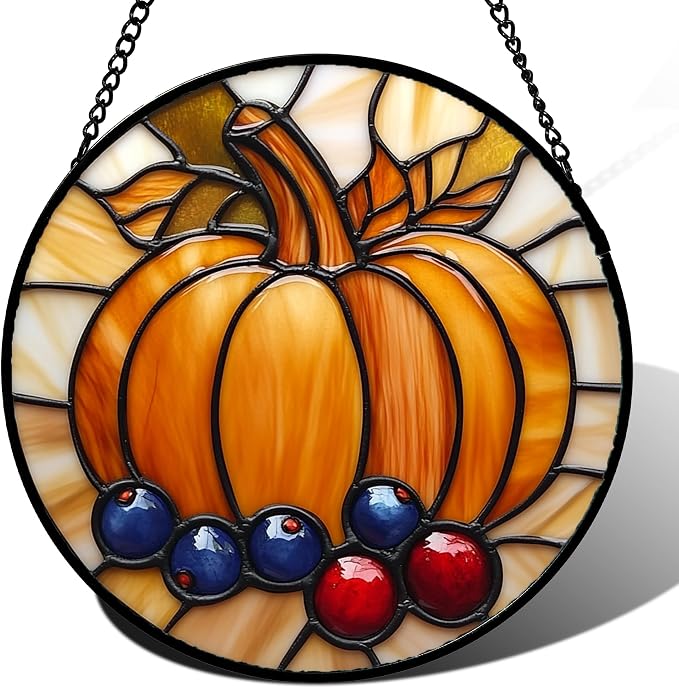 DASTOLL Stained Glass Window Hanging Fall Pumpkin Berries 6.3" - Suncatcher Door Garden Kitchen Sunroom Sun Catcher Autumn Home Decor Birthday for Mom Grandma Men Woman