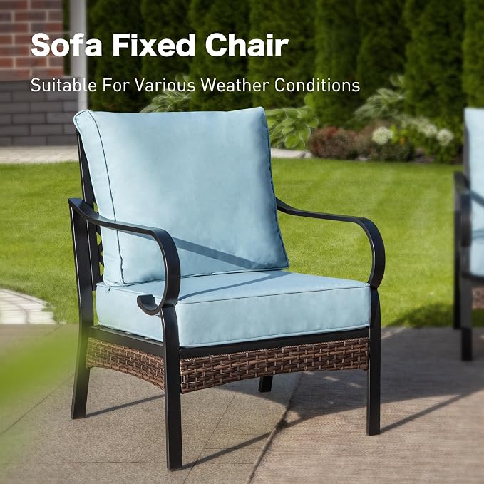 SUNSHINE VALLEY 6 Piece Metal Outdoor Patio Furniture Sets, Patio Conversation Sets 1 3-Seater Sofa, 4 Single Sofa with 5.75" Extra Thick Cushion & Coffee Table, Black Frame Backyard Furniture, Blue