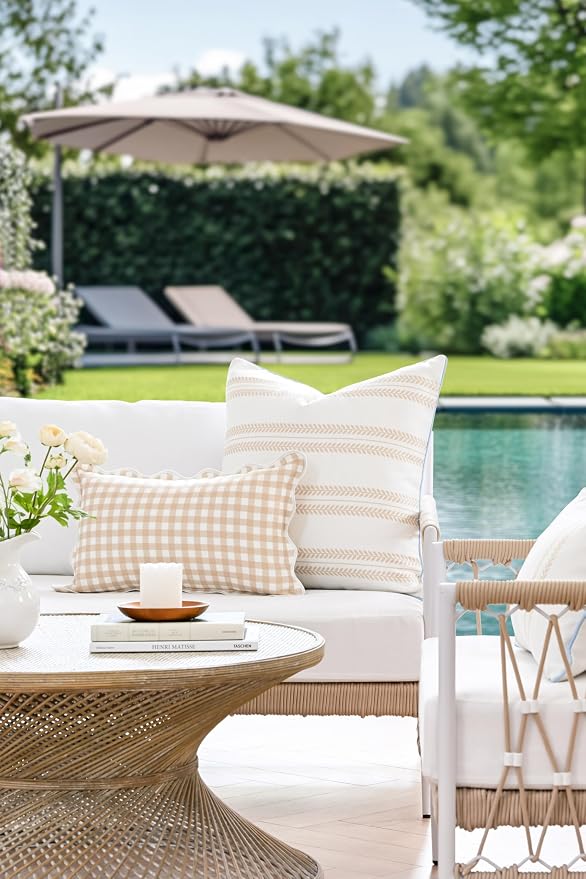 Hofdeco Premium Coastal Hampton Scalloped Patio Indoor Outdoor Lumbar Pillow Cover Only, 12"x20" Water Repellent for Backyard, Couch, Poolside, Neutral Tan Print Gingham