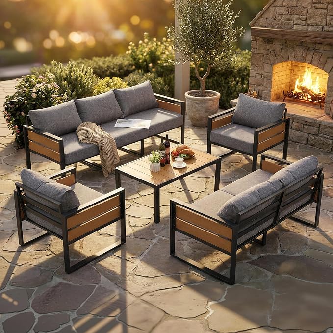 Furnimart Patio Furniture Set, 3-Piece Metal Outdoor Sectional, 2-Seat Patio Conversation Set with Deep Seating, Thick Cushions & Coffee Table for Backyard, Porch & Deck, Gray