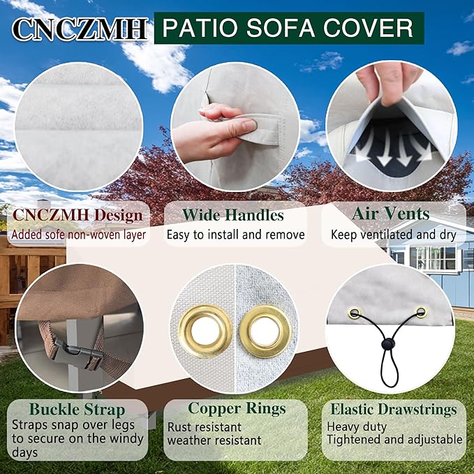 Heavy Duty Patio Sofa Covers Waterproof, Outdoor 3-Seater Couch Cover Waterproof, 600D Outdoor 2-Seater Loveseat Furniture Covers with Air Vent Handle 79''W x 38''D x 24''H/ 35''H Beige Brown