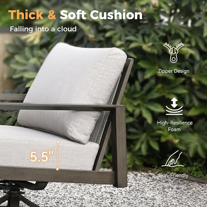HAPPATIO Patio Conversation Set, 4-Piece Aluminum Oversized Patio Furniture Set with Rope Woven Backrest, 2 Swivel Chairs and Loveseat with Thick Cushion, Hand-Brushed Frame for Yard, Porch, Balcony