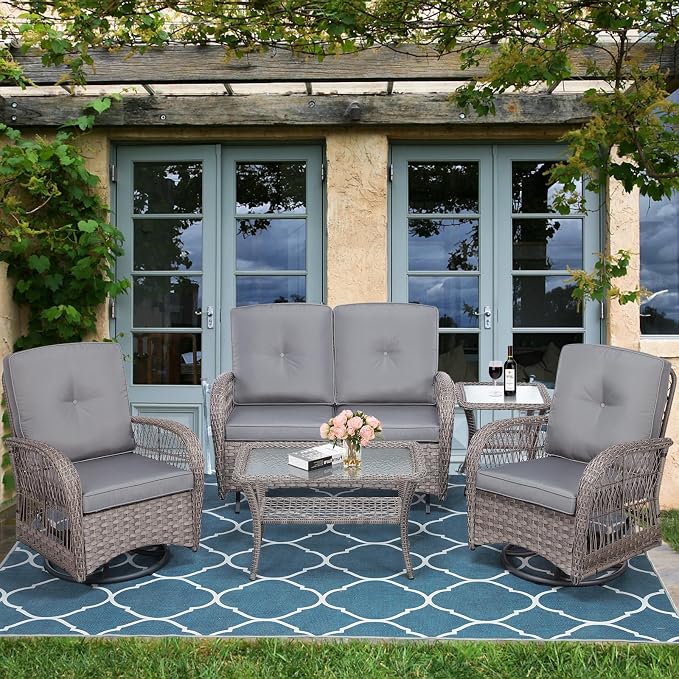 5-Piece Wicker Patio Furniture Sets Outdoor All-Weather Rattan Conversation Set Includes Glider Loveseat, 2 Glass-Top Coffee Tables, 2 Swivel Rocking Chairs for Porch Backyard, Gray