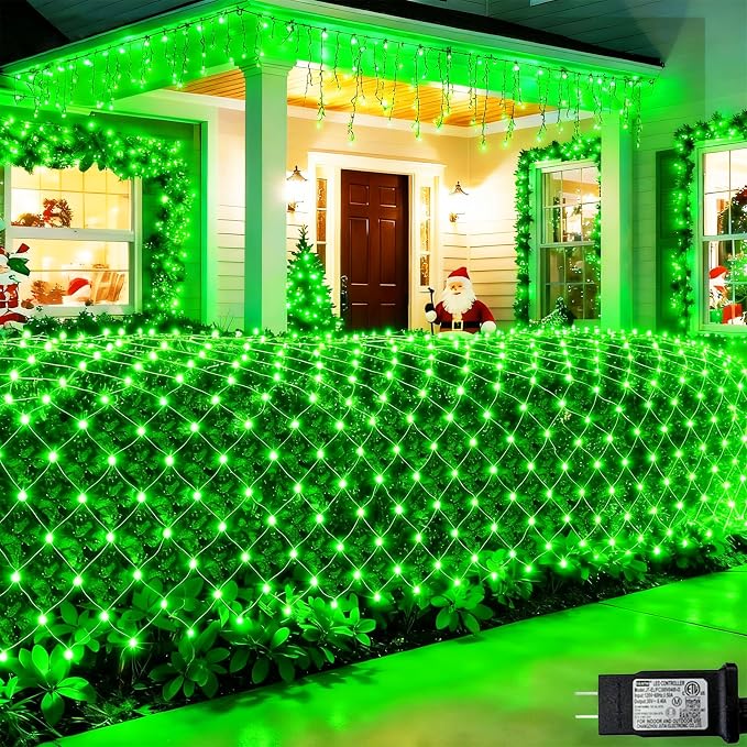 14.8x4.9 ft Net Lights, 300 LED Outdoor Green Halloween Lights with 8 Lighting Modes, Connectable Waterproof Mesh String Fairy Light for Bushes Tree Garden Christmas Decor | 300 LED Large Net Mesh Lights Plug in, 8 Modes Waterproof Connectable Bushes L...