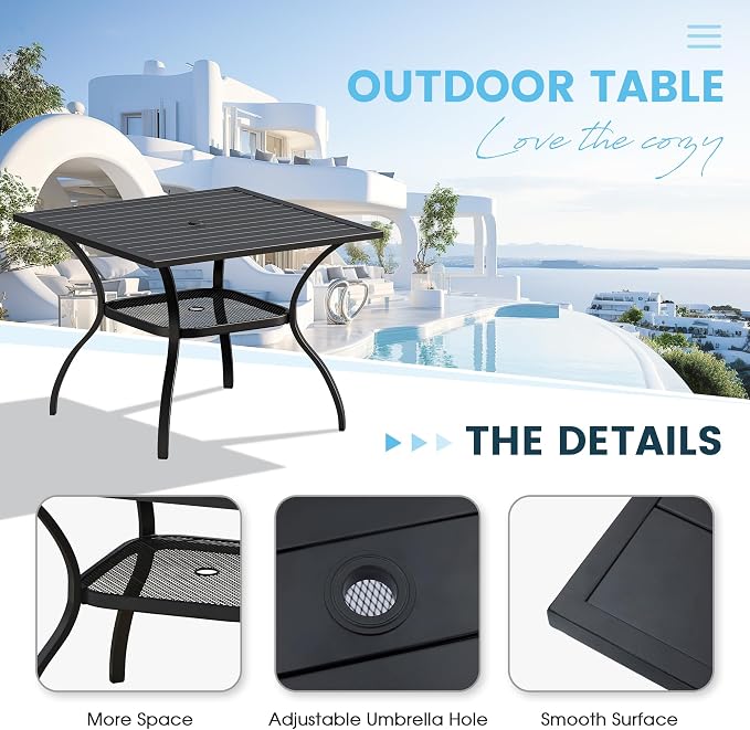 5 Pieces Outdoor Patio Dining Set, 37.8" All Weather Square Metal Table with Umbrella Hole and Storage Shelf, 4 High Back Textilene Swivel Chairs for Garden, Lawn, Black