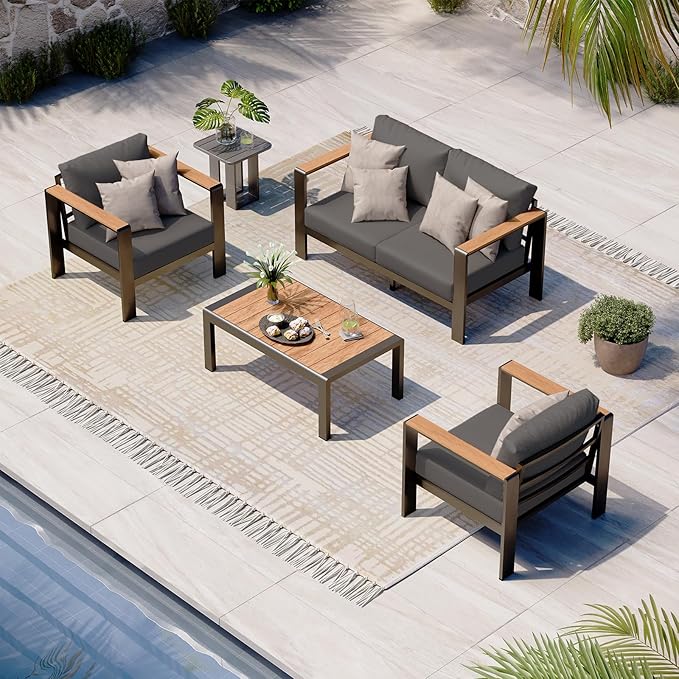 Aluminum Outdoor Patio Furniture Set with Coffee Table, 4 Piece Patio Conversation Sets with Washable Thick Cushions, Outdoor Sectional Furniture Set for Porch, Balcony, Deck, Yard, Graphite