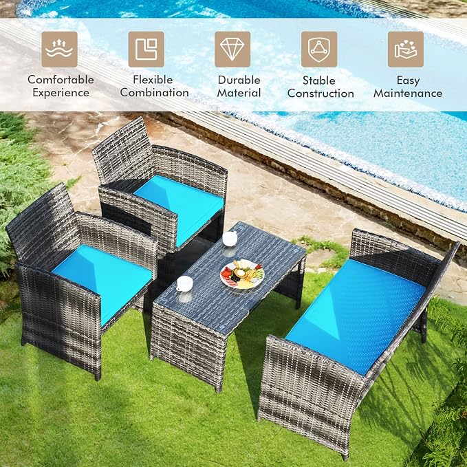 Outdoor Conversation Set, 8 Pieces Wicker Patio Furniture Set with Ergonomic Curved Design, Water-Resistant Cushion & Tempered Glass Table for Porch,Balcony(Turquoise)
