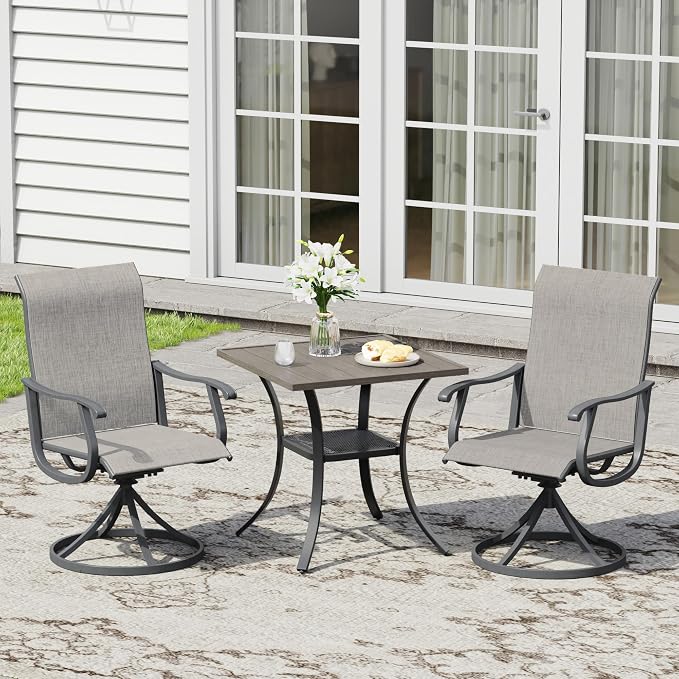 3 Pieces Patio Furniture Dining Set, 2 Textilene Swivel Dining Chairs, 28" Outdoor Square Metal Table with Storage Shelf, Outdoor Dining Set for Porch, Lawn, Garden, Grey/Grey