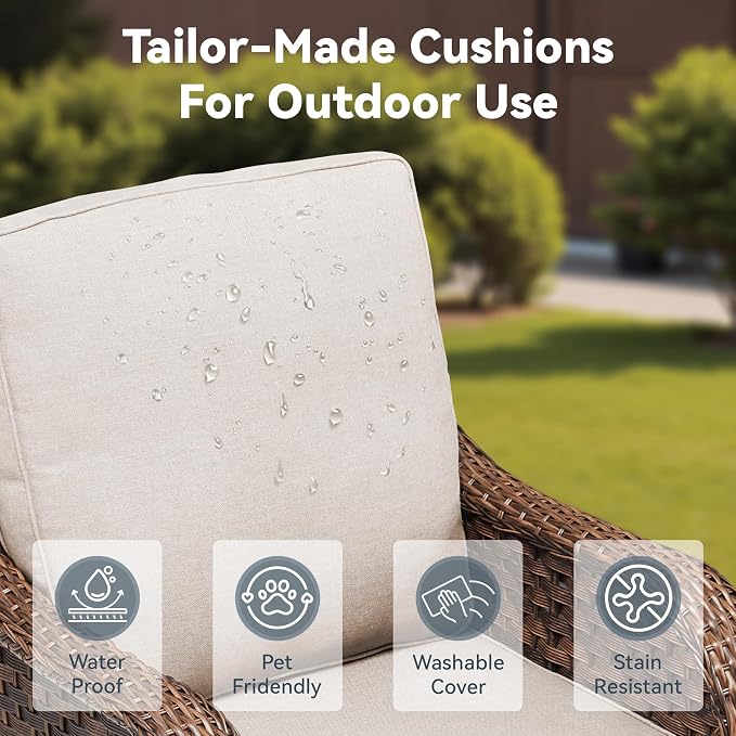 6 PCS Patio Furniture Set, 2 Outdoor Wicker Loveseat Sofas & 2 Swivel Rocking Chairs with 2 Ottomans, 4-Inch Thick Olefin Cushions, 300 lbs Capacity Rattan Conversation Set for Porch, Beige
