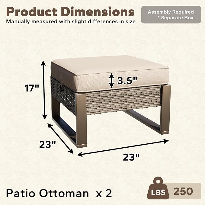 Patio Metal Wicker Ottoman Set of 2, Outdoor PE Rattan Footstools with Removable Cushions & Wood Looking Metal Steel Framed Legs for Garden Backyard Porch Deck, Beige