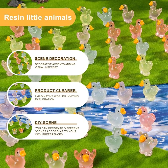 60 pcs Mini Resin Swan Many Styles Variety Tiny Luminous Animals Figures Miniature Little Small Animal Figurines Bulk for Micro Fairy Garden Landscape Accessories Hide Crafts Decor Aquarium