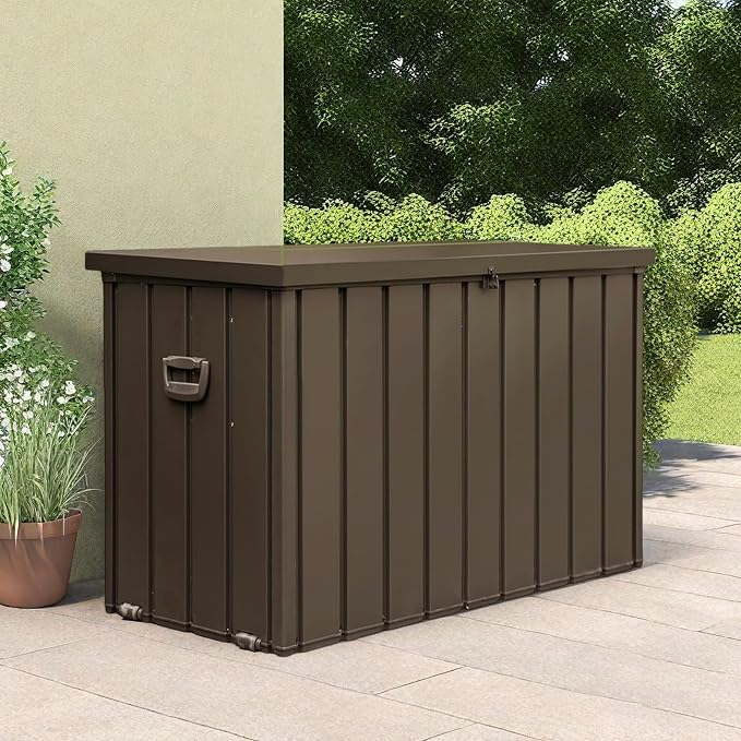 ChicFurnit Outdoor Storage Box, 200 Gallon Deck Box with Lockable Metal Lid & Portable Side Handles, Outdoor Storage Bin with Stable Support Rod, Soft Close Mechanism & Mobility Rollers, Dark Brown