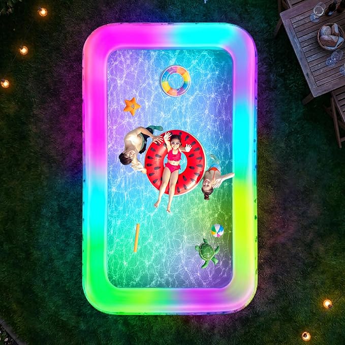 Large Inflatable Pool with Lights, 145" X 74" X 22" Family Inflatable Swimming Pools for Adults, Blow Up Pool Solar Powered, Inflatable PooI for Backyard (Air Pump Not Included)