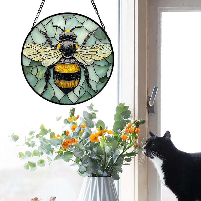 Stained Glass Window Hanging 4 Pcs Set Butterfly Dragonfly Bee Ladybug 7.8" - Suncatcher Door Garden Sun Catcher Decor Birthday Mother's Day for Mom Woman Nana Men
