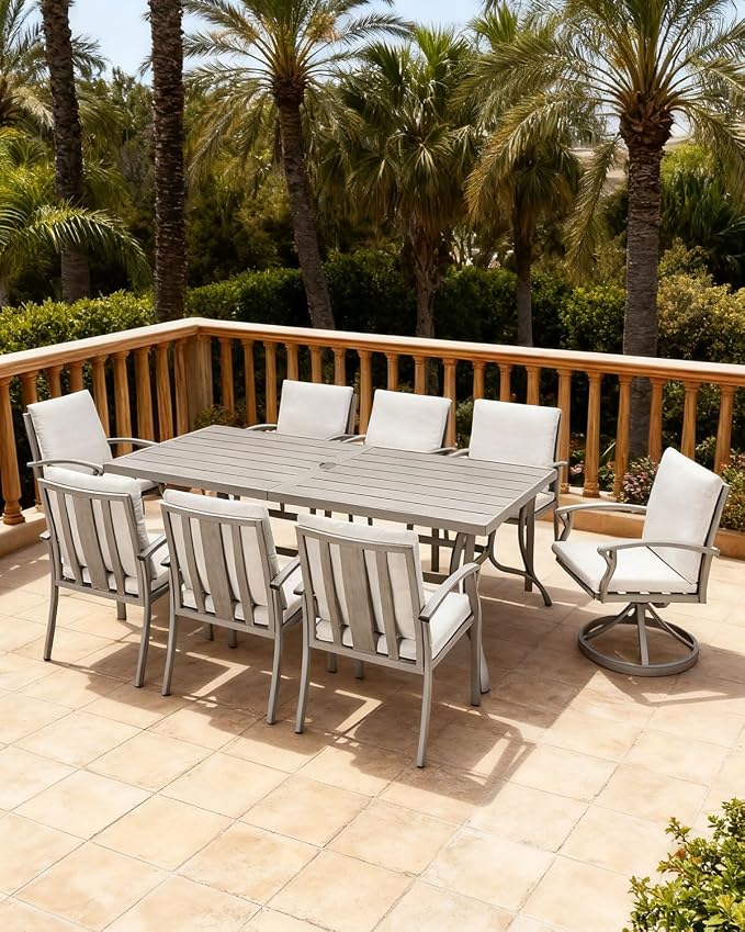 9-Piece Patio Dining Set, Never-Rust Aluminum Outdoor Dining Set for 8, Patio Furniture Sets, 6 Dining Chairs, 2 Swivel Dining Chairs for Decks, Garden, Backyard, Lawn, Limed Oak