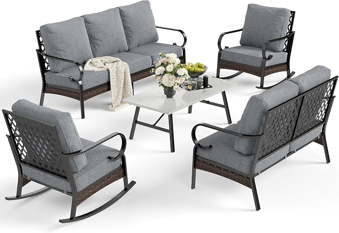SUNSHINE VALLEY 5 Piece Metal Outdoor Patio Furniture Set - 3-Seater & 2-Seater Sofas, 2 Rocking Chairs with 5.75" Thick Cushion & Coffee Table - Black & Gray