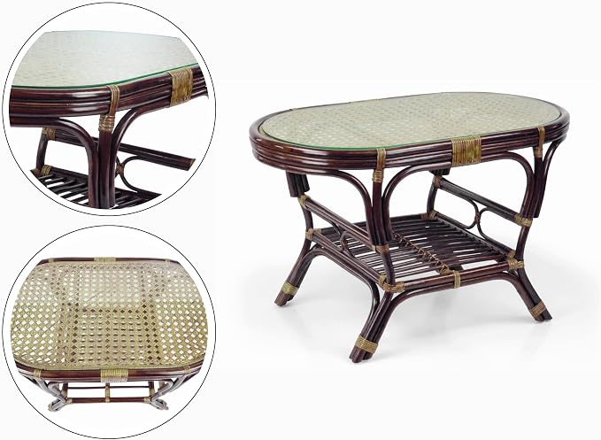 Malibu Lounge Set of 4: 2 Natural Rattan Wicker Chairs, Three-Seater Sofa with Cushions and Coffee Table with Glass Handmade, Dark Brown Color