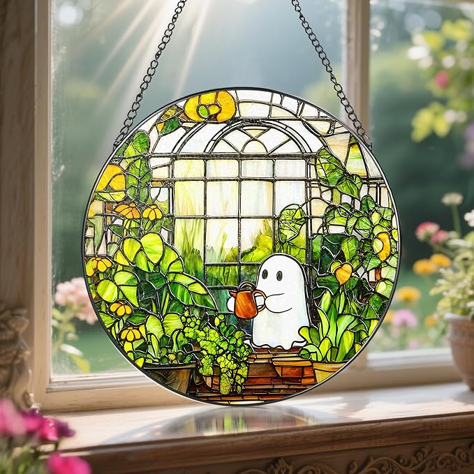 8'' Halloween Ghost Greenhouse Sun Catcher Ornament, Stained Glass Window Hanging, Sun Catchers for Windows Hanging Ornaments, Window Decor, Holiday Present, Ideal Gift | Plant Lovers Gifts