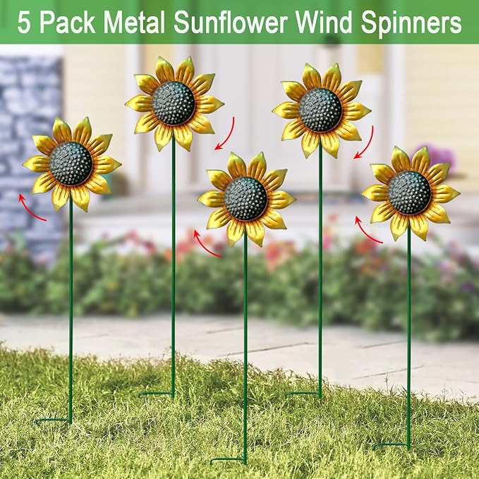 Metal Sunflower Wind Spinners,5 Pack Flower Outdoor Yard Garden Stakes | Metal Wind Spinner for Yard Stake,Patio,Lawn Outdoor Decorations