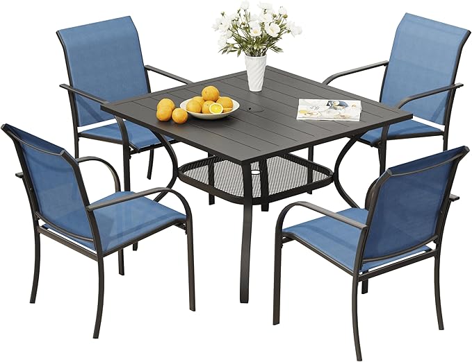 VICLLAX 5 Pieces Patio Dining Set, Patio Furniture Set of 4 Patio Stackable Dining Chairs and Outdoor Metal Square Table with Storage Shelf, Blue Chairs and Black Table