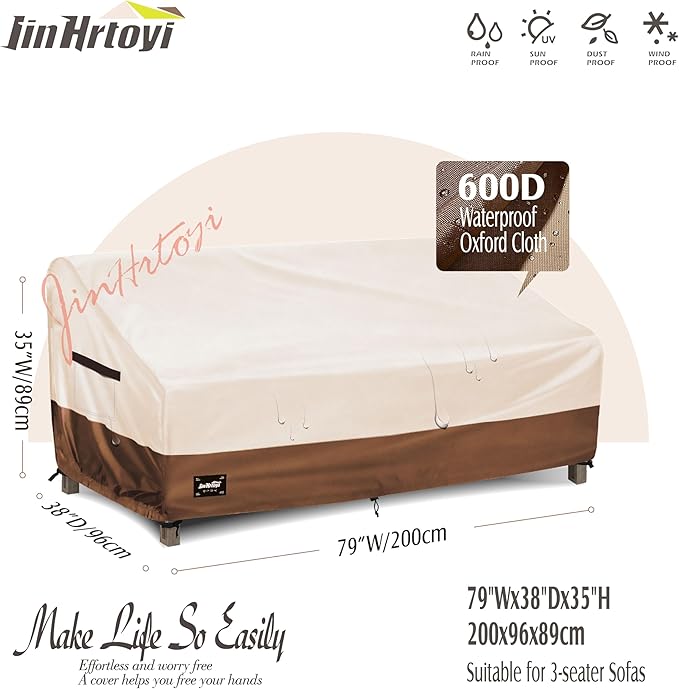 JinHrtoyi 3-Seater Outdoor Couch Cover, 79Wx38Dx35H inches Outdoor Furniture Covers Waterproof,100% Waterproof Heavy Duty Patio Furniture Covers,Beige&Brown Modern Style Outdoor Sofa Cover