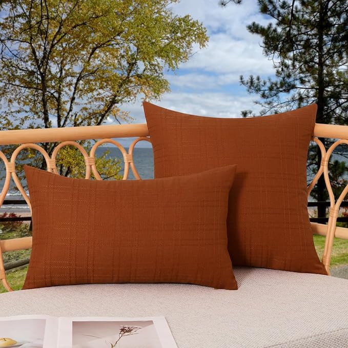 Kevin Textile Outdoor Waterproof 20”x20” Pillow Covers 2 Pack, Burnt Orange | Water Resistant, Soft Faux Linen-cotton Yarn-dyed Woven Texture Throw Pillow Covers for Tent Patio Garden Couch Sofa