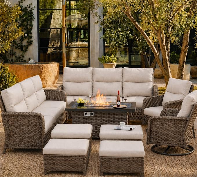 XIAO WEI 9-Piece Outdoor Furniture Set with Fire Pit Table, Wicker Patio Conversation Set with Cushions & Swivel Glide Chairs, All-Weather Patio Furniture Set for Backyard, Garden, Deck (Beige)