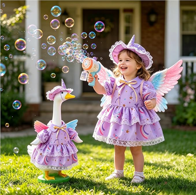 Purple Unicorn Porch Goose Outfits for 23 Inch Lawn Statue, Dress with Wings Hat Colorful Horn Set, Garden Party Birthday Outdoor Decoration, Costume for Plastic Cement Goose