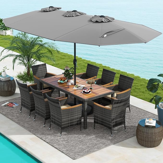 Tangkula 10 Pieces Patio Wicker Dining Set w/Double-Sided Patio Umbrella, Outdoor Acacia Wood Furniture Set w/ 8 Armchairs, Dining Table & 15 ft Umbrella with Weighted Base (Gray)