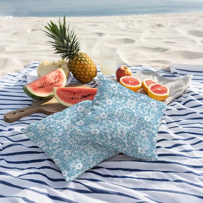 Blue Floral Outdoor Pillow Covers 20x20 Inch Throw Pillow Covers Set of 2 Waterproof Decorative Pillow Cases Vintage Pastoral Botanical Leaves Cushion Covers for Patio Furniture Garden Couch Sofa