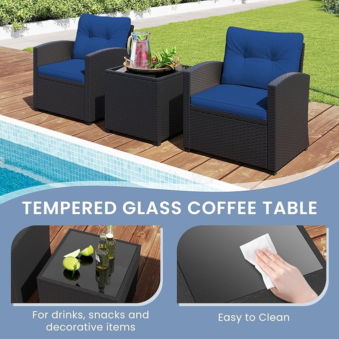 ORALNER 3 Pieces Patio Furniture Set, Wicker Conversation Set Outdoor Chairs with Cushions, Glass Coffee Table, Rattan Bistro Set for Front Porch Balcony Garden Deck Poolside (Navy)