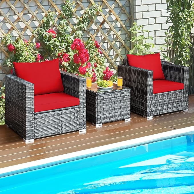 HAPPYGRILL 3-Piece Patio Conversation Set Outdoor Rattan Wicker Sofa Set with Coffee Table Patio Furniture Set with Soft Cushions for Balcony Porch Backyard Garden