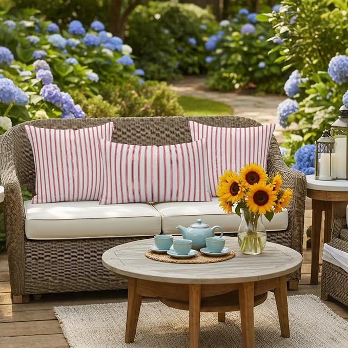 Red Striped Outdoor Pillow Covers 24x24 Inch Throw Pillow Covers Set of 2 Waterproof Decorative Pillow Cases Red White Stripes Farmhouse Cushion Covers for Patio Furniture Garden Couch Sofa