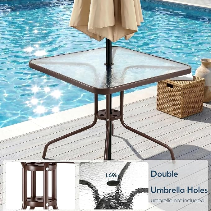 Arlopu 5 Piece Outdoor Patio Dining Set (Umbrella not Included), Porch Furniture with 4 Textline Chairs, 1 Square Glass Table for Garden, Backyard and Poolside, Lawn (Beige)