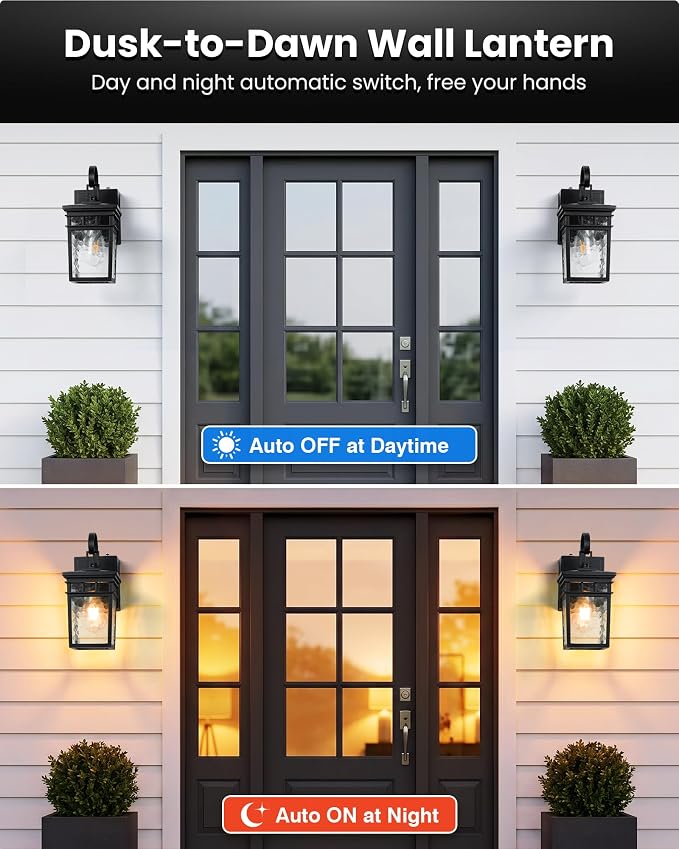 Gleamz 2 Pack Black Outdoor Wall Lights with GFCI Outlet, Dusk to Dawn Outdoor Lighting with Water-Ripple Glass, Anti-Rust Porch Lights for House, Garage, or Patio, 100% Aluminum, Waterproof
