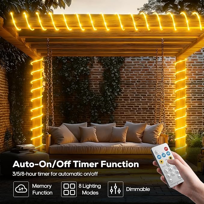 Solar Rope Lights, 66FT 200LED Outdoor Christmas Fairy Light (Warm White) | Type C & Solar, With Remote, Waterproof, Timing, 8 Modes, for for Garden Patio Porch Pool, Warm Christmas Decoration