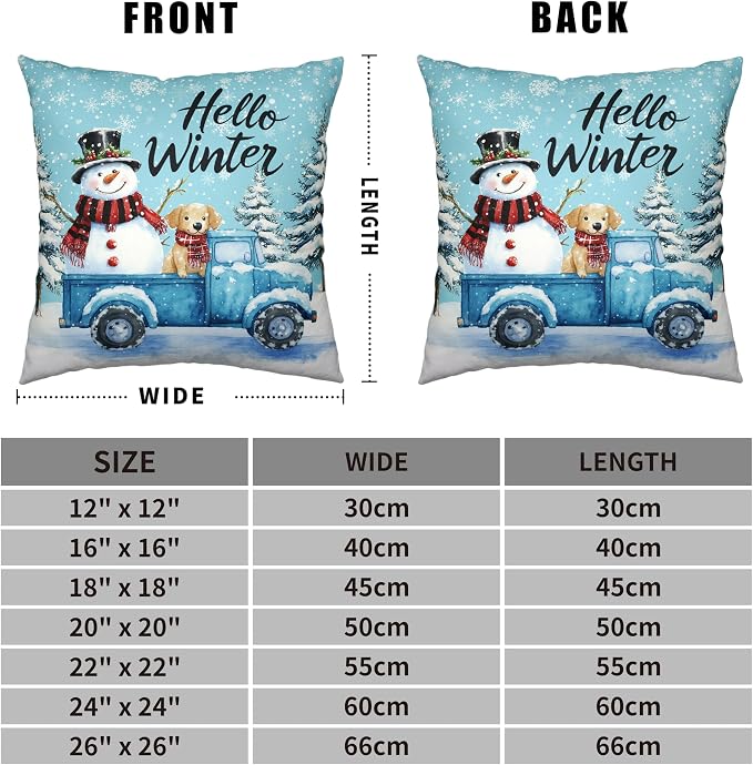 Hello Winter Pillow Covers Set of 2 Blue Truck with Lovely Snowman Puppy Dog Throw Pillow Case 24x24 Snowflakes Snowman Cushion Case for Holiday Decorations Couch Sofa