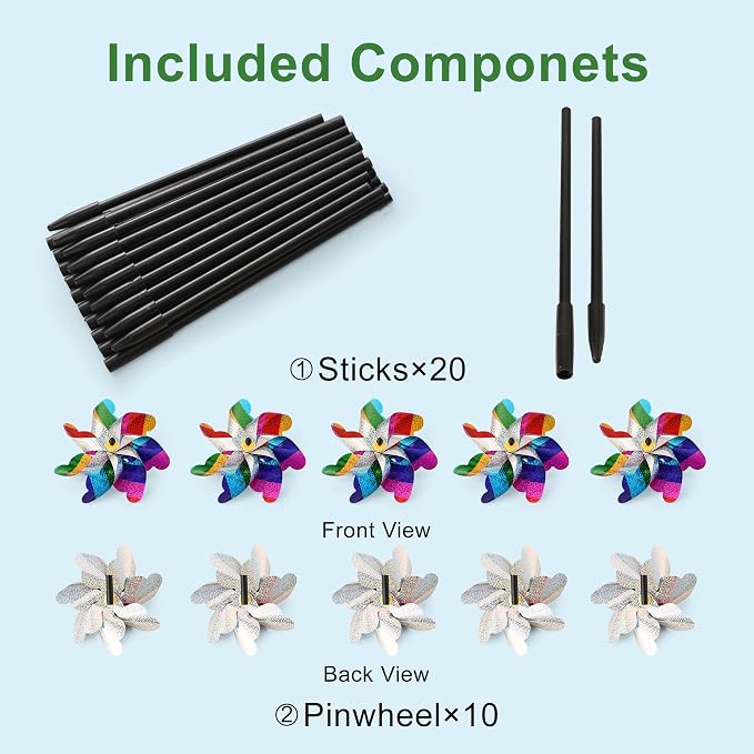 10 Pack Pre-Assembled Pinwheels for Yard and Garden, Colorful | Wind Spinner Measures 19.7'' H x 6.8'' W, Reflective Surface Sparkles In Sunlight, Connect Stakes For Yard, Garden Or Lawn