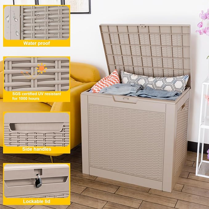 Waterproof Outdoor Storage Box, 31 Gallon Lockable Deck Box, UV-Resistant Outside Storage Bin With Hydraulic Lid For Patio Furniture, Cushion Organizer, Garden Tools, Pool Accessories, Grey
