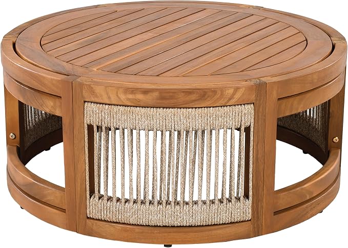 Christopher Knight Home Nesbit 4 Pieces Conversation Set, Acacia Wood Chat Set, Woven Rope Loveseat and Accent Chairs, Slat Panel Coffee Table, Patio Furniture Set for Backyard Balcony Garden, Beige