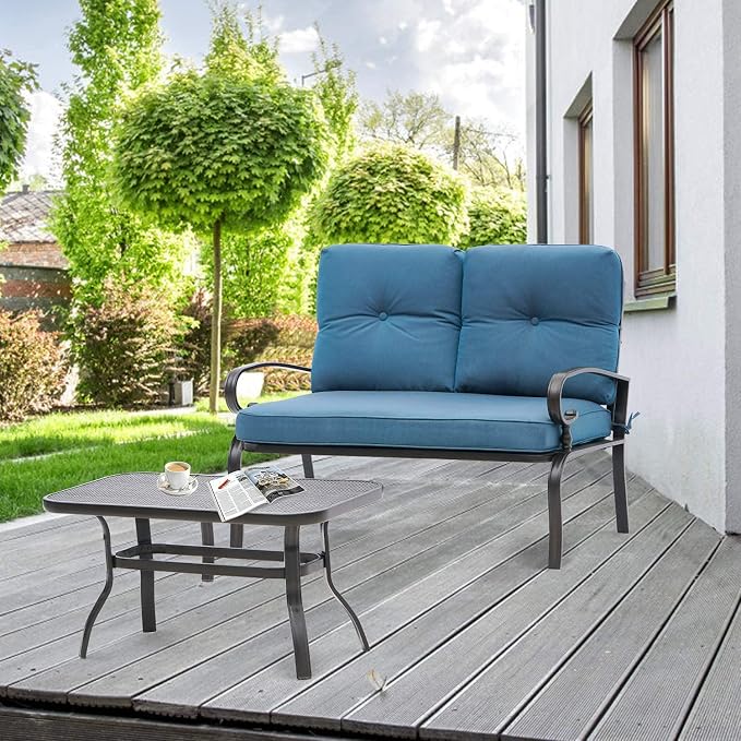 Outdoor 2 Pcs Patio Loveseat Bench Set with Bistro Coffee Table and Patio Steel Frame Sofa with Cushion, Wrought Iron Look, Lawn Front Porch Garden (Peacock Blue)