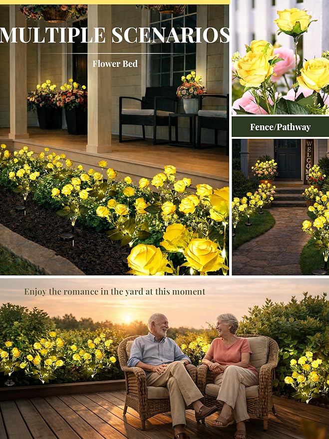 GIGALUMI Solar Lights Outdoor for Garden Decor, 4 Pack Solar Flower Lights Waterproof, 2 Lighting Modes 28 Roses for Pathway,Yard, Patio Decoration, Gardening Gifts for Women (Yellow)
